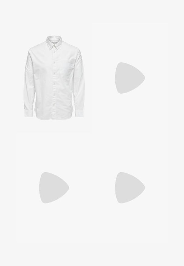 Camisa blanca de manga larga con botones, cuello y bolsillo en el pecho, con la etiqueta "Selected Homme" en el interior del cuello.; Jeans de mezclilla azul oscuro con corte recto, diseño de cinco bolsillos, cierre de botón metálico y cremallera, y patrones sutiles de desgaste.; Mocasín negro de cuero con suela gruesa y acanalada y detalle de tira para moneda, mostrado en perfil lateral derecho sobre fondo blanco.; Cinturón de piel negra con una hebilla de metal plateado, que presenta un diseño clásico y una textura suave. Incluye agujeros para ajuste.