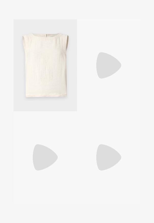 Haut ivoire sans manches en tissu léger, avec un col rond, une texture subtile et un ourlet droit. Aucune fermeture visible.; Pantalon beige coupe large avec taille élastique et cordon, fabriqué en tissu léger texturé, avec des jambes fuselées.; Sandales en cuir noir à tongs avec de fines lanières croisées et une semelle plate, arborant un design minimaliste et une texture lisse.; Sac à bandoulière en cuir noir avec une large sangle réglable et une boucle argentée, présenté sur un fond clair uni.