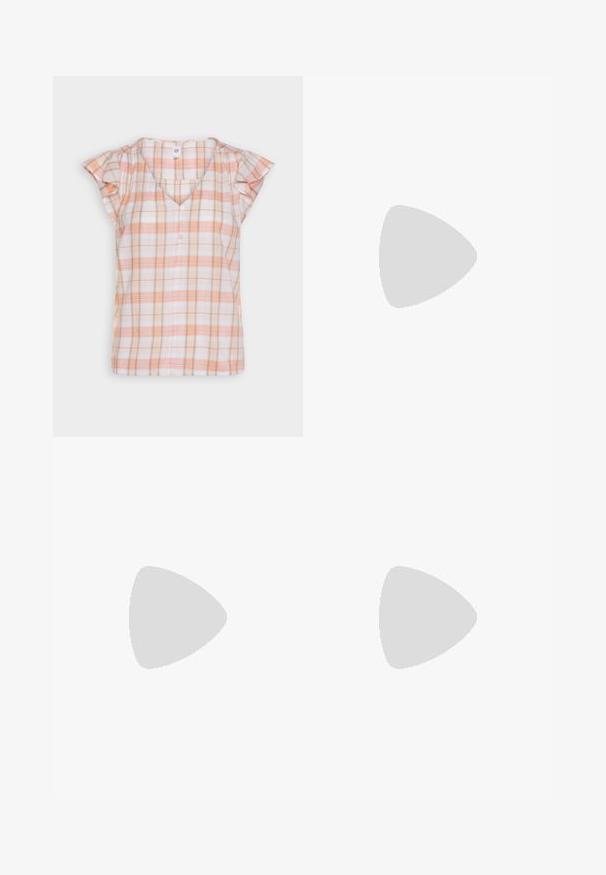 GAP FLUTTER - Blusa - pink plaid; Vaqueros de mezclilla azul claro con un diseño de pierna recta, que presentan cinco bolsillos, un cierre de botón y un ligero desvanecimiento en la parte delantera.; Zapatillas blancas con correas de velcro, detalles de ante en beige, suela de goma texturizada y logo V en gris. Diseño minimalista, forma redondeada.; Gafas de sol redondas con lentes de gradiente marrón, una montura de acetato carey y acentos de metal dorado en el puente y las patillas.