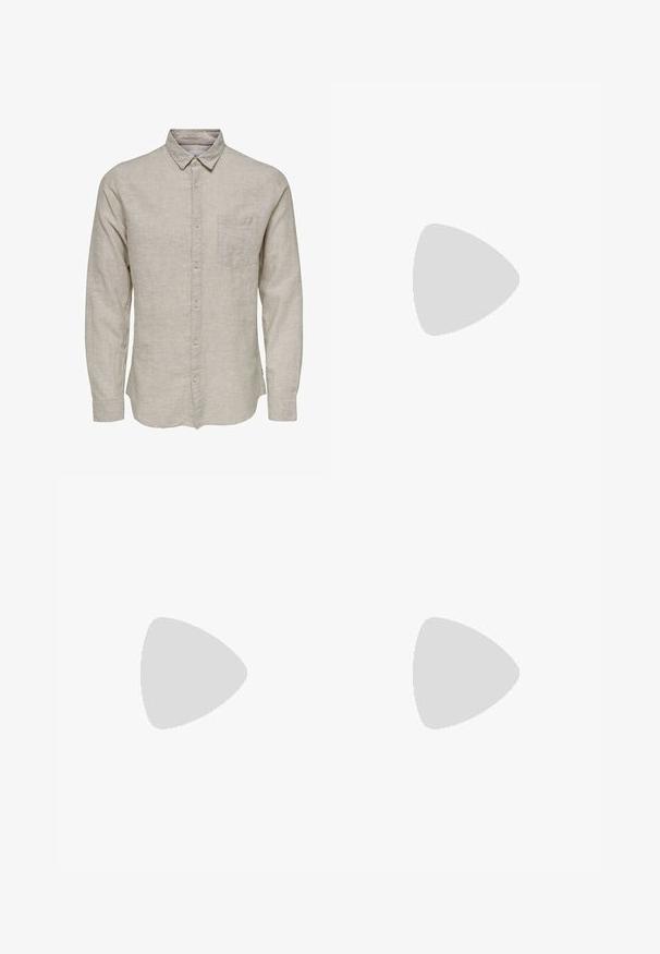 Lichtbeige lange mouw button-up shirt gemaakt van linnen met een kraag, enkele borstzak en subtiele textuur.; Bruine slim-fit formele broek met knoop en riemlussen, afgebeeld tegen een witte achtergrond.; Bruine leren loafers met een gladde textuur, voorzien van decoratieve kwastjes en een verhoogde nadenlijn, geplaatst tegen een minimalistische achtergrond.; Bruine leren riem met een gladde textuur, voorzien van een zilveren metalen gesp en een minimalistisch ontwerp. De gesp heeft een rechthoekige vorm.