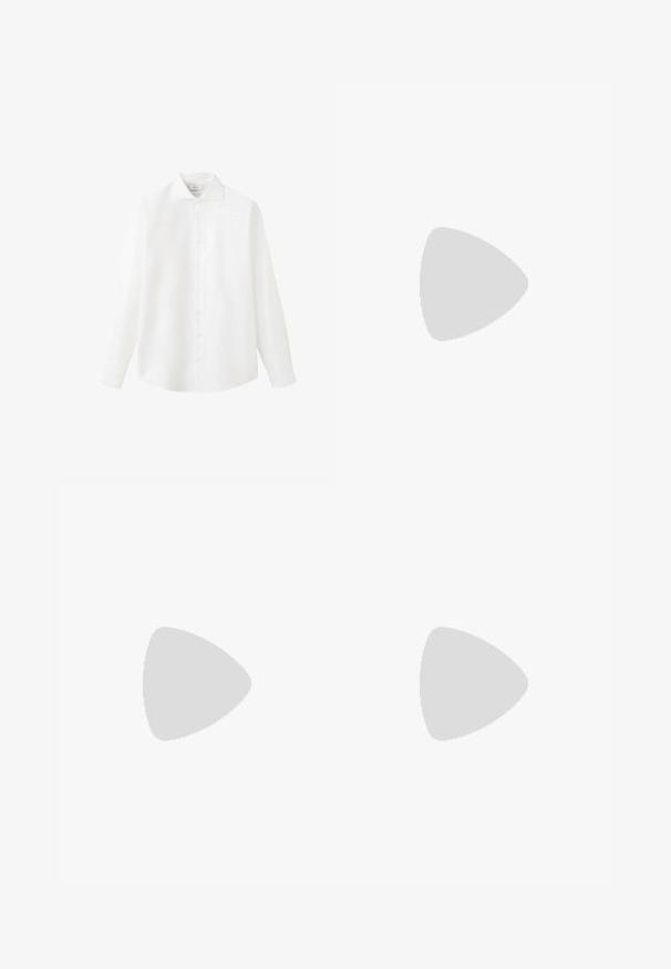 Chemise blanche à manches longues boutonnée avec col, présentée sur un fond blanc uni, vue de face.; Pantalon noir slim fit avec passants de ceinture, fermeture éclair frontale et devant plat, présenté sur un fond gris clair.; Mocassins en cuir suédé noir avec une semelle en caoutchouc plate, présentant un design cousu et un panneau avant surélevé pour un maintien sécurisé.; Noeud papillon noir en tissu lisse avec une forme structurée. Comprend un nœud central et une sangle élastique réglable pour un ajustement parfait.
