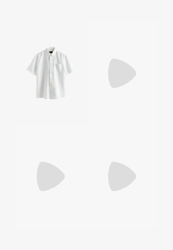 Camisa blanca de manga corta con botones en la parte delantera, con bolsillo frontal y cuello abotonado, mostrada sobre un fondo blanco.; Pantalones cortos beige hasta la rodilla con dobladillos doblados, cintura elástica en la parte trasera, trabillas para cinturón y bolsillos laterales delanteros.; Chancla de cuero marrón con una tira texturizada, plantilla acolchada y suela de goma negra. Vista lateral que resalta su diseño delgado.; Gafas de sol de carey marrón con montura redondeada, lentes verdes y brazos de patilla con patrón. Presenta el logo de la marca en un brazo.