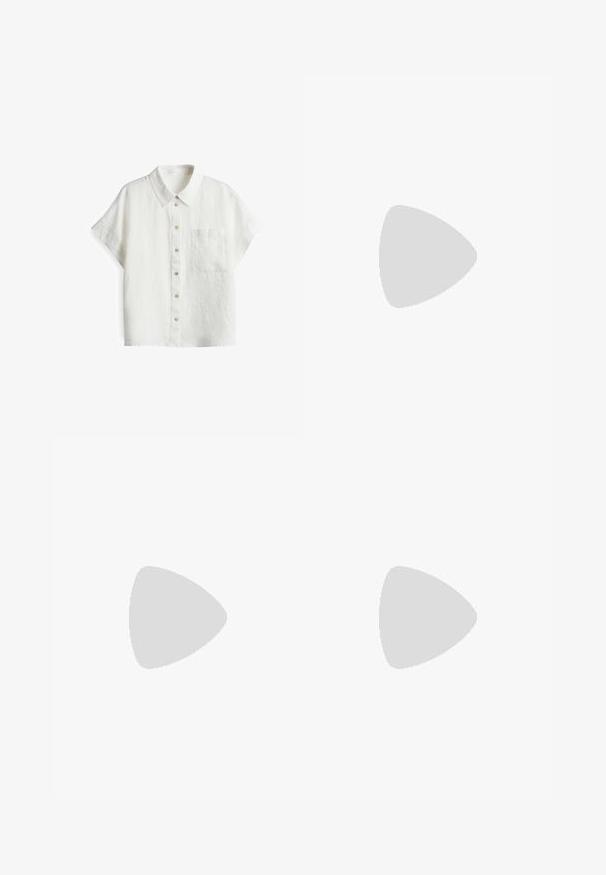 Witte korte mouwen linnen shirt met een klassieke kraag, voorzak en knoopsluiting in verschillende tinten op de sluiting. Gelaagd materiaal.; Beige linnen shorts met een elastische tailleband, een gerimpelde zoom en een afneembare strikceintuur. Kenmerkt zich door een comfortabele pasvorm en een gladde, textuurstof.; Bruine leren slidesandalen met twee verstelbare banden, gespen in goudkleurige tint en een flat houten zool.; Geweven strooitas met korte handvatten, natuurlijke beige kleur, rechtopstaand op een witte achtergrond.