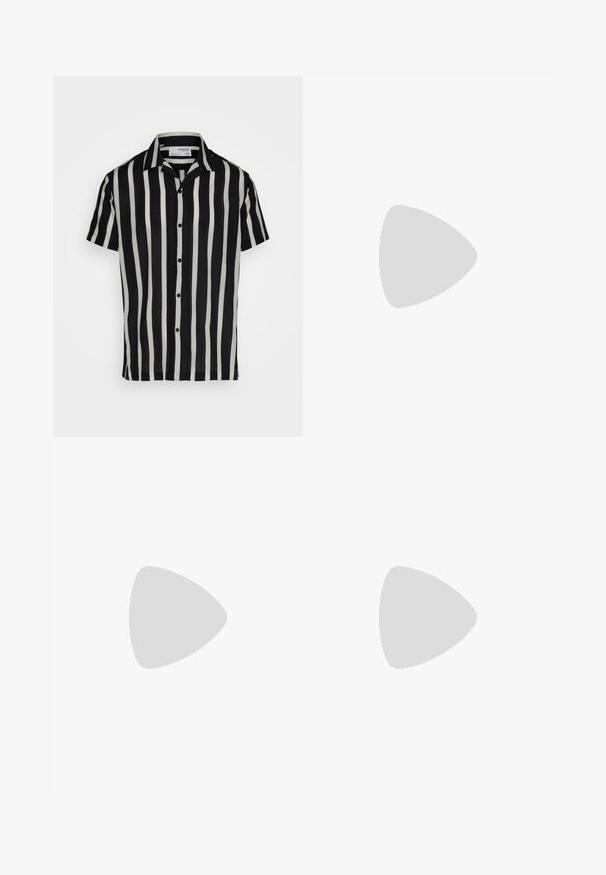 Chemise à manches courtes en rayures verticales noires et blanches, avec un devant boutonné et un col classique, fabriquée en tissu léger.; Pantalon formel noir avec boutonnière et fermeture éclair, coupe droite et passants de ceinture, présenté sur fond blanc.; Sandales en cuir noir avec deux larges sangles, une bande de cheville réglable et une semelle en caoutchouc noir épaisse avec des rainures distinctives.; Lunettes de soleil noires rectangulaires avec des verres foncés, des montures en plastique élégantes et des branches droites. Présente un logo discret sur le côté.