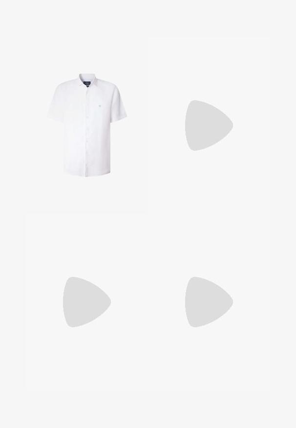 Camisa blanca de manga corta con botones, cuello y pequeño logotipo bordado de remos cruzados en el pecho izquierdo, de Hackett London.; Bañadores azul marino hechos de material ligero, con una cintura elástica y un cordón blanco, y un diseño de corte recto.; Zapatilla espadrille de ante azul marino, tipo slip-on, con suela de yute trenzado, que presenta un diseño minimalista sin herrajes ni patrones visibles.; Gafas de sol de plástico negro con lentes verdes, que cuentan con un marco cuadrado, acabado liso y el prominente logo de Ray-Ban en las patillas.