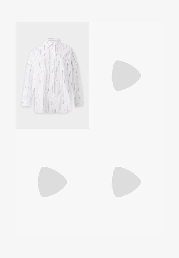 Chemise blanche à manches longues boutonnée avec fines rayures verticales noires et texte cursif "hugo" répété le long des rayures sur un fond uni.; Jupe en cuir noir en forme A avec une texture lisse, arborant des motifs de coutures géométriques et une fermeture éclair dissimulée à l'arrière.; Mule à talon haut en cuir noir à bout ouvert avec un talon stiletto fin, vue de profil sur un fond uni.; Un cardigan en maille noir, un haut blanc, une jupe en denim avec un motif de diamants bleus et noirs, un sac à main noir et des sandales à enfiler beiges.