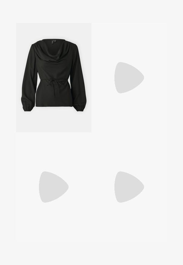 Zwarte top met lange mouwen en een cowl-halslijn, ingezette mouwen en een strikdetail in een zachte, textuurstof.; Zwarte leren minirok met een gladde textuur, een tailleband met knoopsluiting en voorzakken met gestikte details.; Simmi London DALA - Klassieke pumps - black; Goudkleurige oorbellen in de vorm van abstracte handen, met een glanzend oppervlak, ingewikkelde details en een zilver- en goudkleurige post voor een veilige bevestiging.