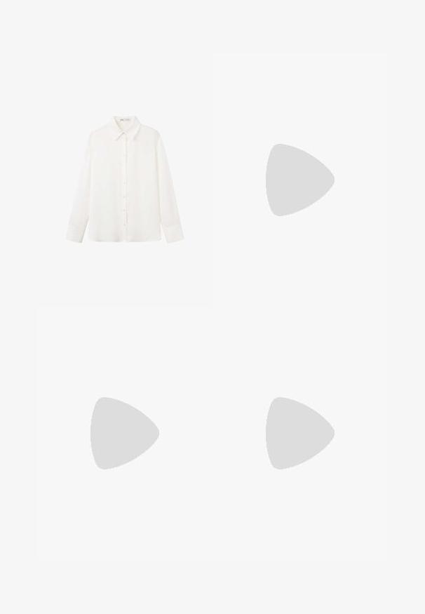 Camisa blanca de manga larga con botones, cuello puntiagudo y puños anchos en un tejido liso y sencillo.; Pantalones anchos color crema con cintura alta y un detalle de solapa superpuesta en la parte delantera.; Zuecos de ante beige con punta redondeada, correa ajustable y hebilla, media suela de corcho y suela de goma negra texturizada para mayor tracción.; Bolso hobo de ante marrón oscuro suave con una correa ancha y única y base redondeada sobre un fondo blanco.