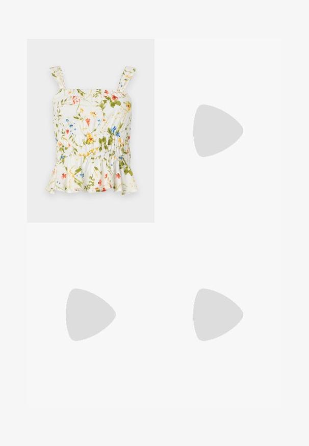 Top con estampado floral sobre fondo blanco. Cuenta con un dobladillo con volantes, tirantes ajustables y un cuerpo fruncido para un diseño ajustado.; Pantalones cortos de mezclilla en azul oscuro con un lavado descolorido, con cintura alta, bajo deshilachado y diseño de cinco bolsillos. Cierre con botón de metal en la parte delantera.; Bailarinas beige con un exterior de cuero liso, punta en forma de almendra y una correa elástica en el empeine, con detalles de costura sutiles.; Bolso de cuero beige con doble asa, hebilla y remaches de latón, y una correa de hombro ajustable sobre un fondo blanco.