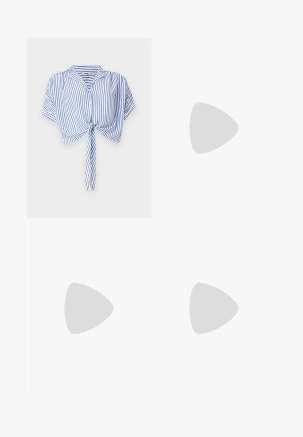 Crop top à manches courtes rayé vertical bleu et blanc, avec boutons, col et détail de nœud à l'avant.; Shorts en denim bleu clair, avec un ourlet roulé, des poches standard et une fermeture à bouton à l'avant. Texture douce avec une finition légèrement délavée.; Baskets en toile blanches avec une épaisse semelle plateforme blanche, bout rond et œillets en métal pour les lacets. Logo de la marque affiché sur le côté.; Une paire de lunettes de soleil rectangulaires avec des montures translucides bleu clair et des verres gris foncé, présentant des branches droites et des détails matériels minimaux.