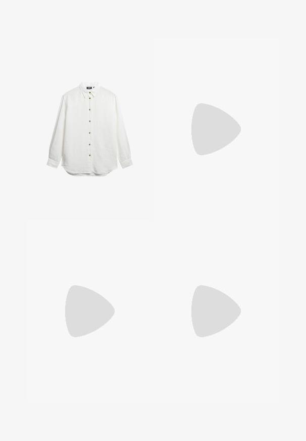 Camisa blanca de manga larga hecha de tela texturizada, con un collar clásico, siete botones marrones en la parte delantera y un dobladillo curvado.; Pantalones cortos beige informales con cintura con cordón y bolsillos delanteros tipo parche, fabricados con tejido ligero.; Sandalia de cuero marrón con un diseño de tiras horizontales y circulares, suela plana y un acento de hebilla metálica, que muestra una textura lisa.; Bolso tote tejido de paja con dos largas correas de hombro de cuero marrón claro y un patrón texturizado sobre un fondo liso.