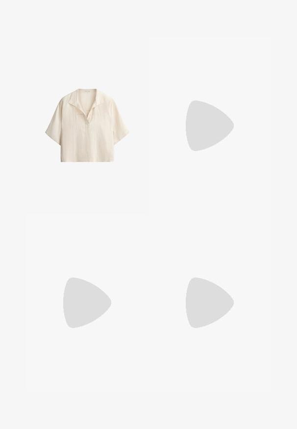 Chemise ample en lin couleur crème à manches courtes, col ouvert avec détail en V sur fond blanc.; Shorts en lin bleu clair avec un design plissé, dotés d'une taille et de détails de couture. Texture lisse et style décontracté.; Sandale plate marron avec une seule large bride traversant le pied et un entre-doigts, vue de côté sur fond blanc.; Sac fourre-tout tissé beige avec des poignées en cuir jaune, une petite étiquette en cuir jaune et le mot "POLO" brodé en jaune à l'avant.