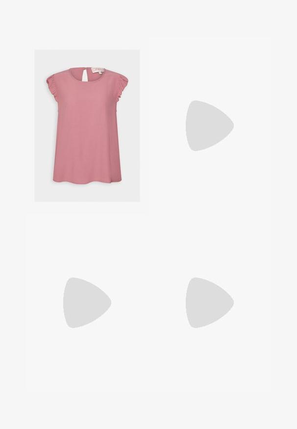 ONLY ONLKAJSA FRILL - T-shirts print - nostalgia rose; ONLY Tall ONLNOVA LIFE PANT  - Bukser - rose/brown; Flad grå klip-klap sandal med tekstureret sål og tynde Y-formede stropper, vist fra siden mod en ensfarvet lys baggrund.; Sorte katteøje solbriller med mørkegrå linser, slankt plastisk stel, spidse hjørner og lige stænger. Ingen synlig hardware eller dekorationer.