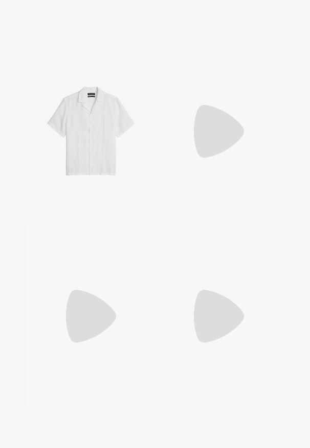 Weißes kurzärmeliges Hemd mit durchgehenden Knöpfen, Camp-Kragen, vorderen Knöpfen und geradem Saum, auf weißem Hintergrund dargestellt.; Beige Denim-Shorts mit geradem Schnitt, fünf Taschen, einem Knopfverschluss und genähten Details. Glatte Textur und knielanges Design.; Braune Herren-Pantoletten aus Leder mit gekreuzten Riemen und schwarzer Sohle, seitlich auf weißem Hintergrund dargestellt.; Schildpatt-Sonnenbrille mit braunen Verlaufslinsen, rechteckiger Form, dicken Rahmen und einem silbernen Logo-Akzent an der Seite.