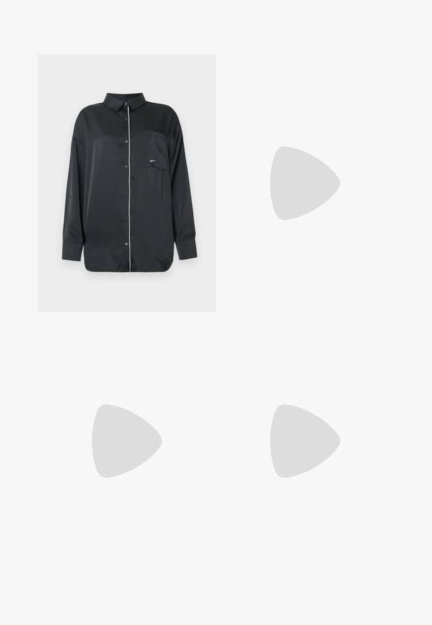 Camisa negra de manga larga con botones, con ribetes blancos a lo largo de los botones y un bolsillo en el pecho que presenta un pequeño logo blanco de Nike.; Pantalones negros de pierna ancha, hechos de una tela brillante y suave. Cuentan con una cinturilla elástica con cordón y bolsillos laterales.; Zapatilla de cuero negro con acabado texturizado, punta redonda y suela de plataforma gruesa. Presenta costuras de acento amarillas y logotipo de la marca en el lateral.; Bolso negro hecho de tela suave y lisa. Presenta un asa fruncida y cierre con cordón, con forma rectangular y sin herrajes visibles.