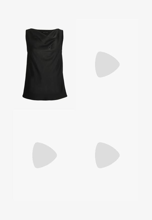 Mouwloze zwarte satijnen blouse met gedrapeerde kaphals en een gladde, vloeiende textuur.; Zwart fluwelen stof met een zachte, gladde textuur, kenmerkend door een lichte glans en subtiele lichtreflecties over het oppervlak.; Zwarte leren hoge hak sandaal met een enkele band over de tenen, enkelband, gouden hardware en een slanke stiletto hak.; Gouden druppeloorbellen met ronde, heldere edelstenen aan de basis. Gelaagd bovenstuk met kleine, ronde accenten langs de ring.