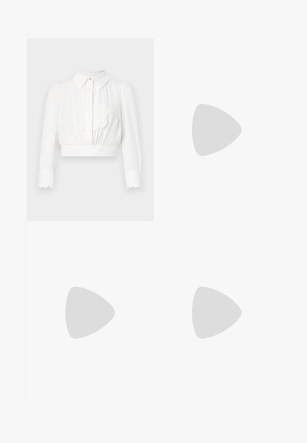 Blusa blanca corta con cuello, detalles en forma de concha en la parte delantera y mangas largas con puños en forma de concha. Tela suave y ligera.; Bermudas de tweed en azul claro y amarillo pálido con un patrón de cuadrícula texturizada. Presenta un cierre de botón en la parte delantera y un corte ajustado.; Zapato slingback de charol blanco con punta afilada, tacón kitten bajo y correa elástica negra y blanca con logo en el talón.; Bolso blanco plisado con asa corta y una correa de hombro ancha y extraíble con textura y hebilla plateada.
