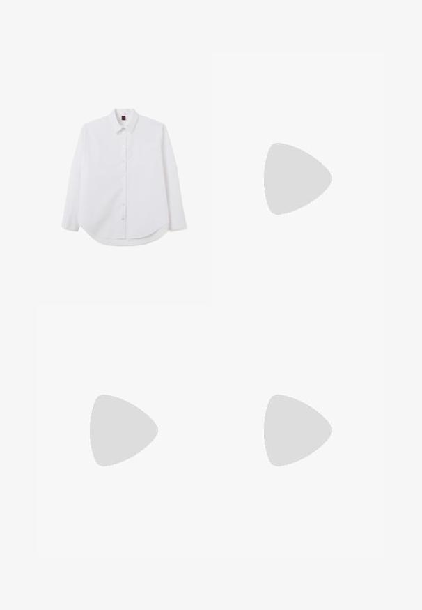 Witte lange mouwen shirt van katoen met een button-down kraag, een enkele borstzak en een gebogen zoom. Gladde textuur met gepolijste knopen.; Zwarte broek gemaakt van een gladde stof, met een recht model, voorzakken en een standaard tailleband met een riemlus.; Zwarte leren instappers met een vlakke zool, gekenmerkt door een gestikt ontwerp en een subtiel bovenste detail. Glad textuur en een elegante silhouet.; Zwarte leren crossbodytas met verstelbare riem en zilveren rits, "Liebeskind Berlin"-logo in het midden aan de voorkant.