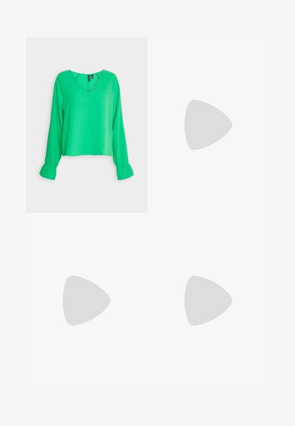 Vero Moda POLLIANA INGE LS WVN GA - Bluse - bright green; Bredde bukser i mørk teal stof, med høj talje og dobbelte knaplukninger, skarpe folder og en glat, strømlinet tekstur.; Call it Spring Højhælede sandaletter / Højhælede sandaler - bright green; Polstret grøn skuldertaske med blød tekstur, rektangulær form, enkelt strop og lynlås i guldtoner. Har et quiltet mønster.