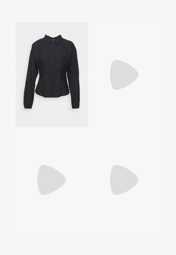 Chemise noire à boutons avec un col, des manches longues, des poignets froncés et des coutures structurées pour un ajustement sur mesure. Tissu en coton.; Jean en denim bleu clair avec revers, fermeture à bouton et à zip à l'avant, et design classique à cinq poches sur fond blanc.; Chaussures à plateforme en cuir noir avec un talon bloc épais, bout rond et un design traditionnel à lacets. Elles présentent une texture lisse et un détail minimal.; Lunettes noires rectangulaires avec des verres transparents, présentant des bords arrondis et des accents sur les côtés, avec une finition brillante sur la monture et les branches.
