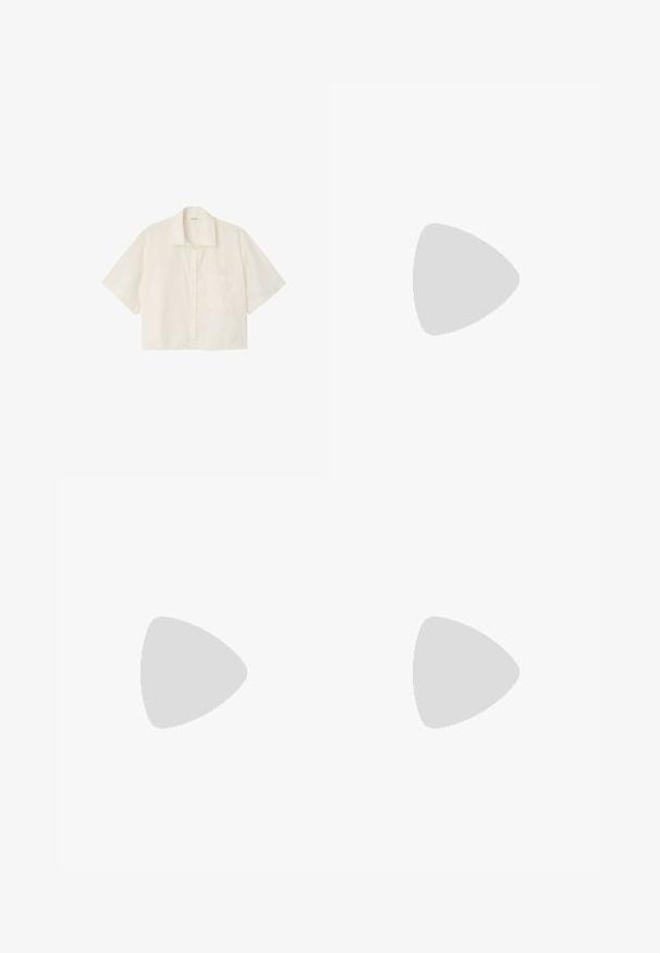 Kortærmet, off-white skjorte med knapper, krave og brystlomme, vist fladt på hvid baggrund.; Sorte cargo shorts lavet af letvægtsstof, med lige snit, sidelommer og et brunt læderbælte med en sølvspænde.; Sort læderloafer med guldbeklædt spænde, der svæver over en træbænk, grøn græsmark sløret i baggrunden.; Sølv- og guldtonet rustfrit stål ur med en grøn urskive, der har datovisning, markerede dage og et to-tonet urrem.
