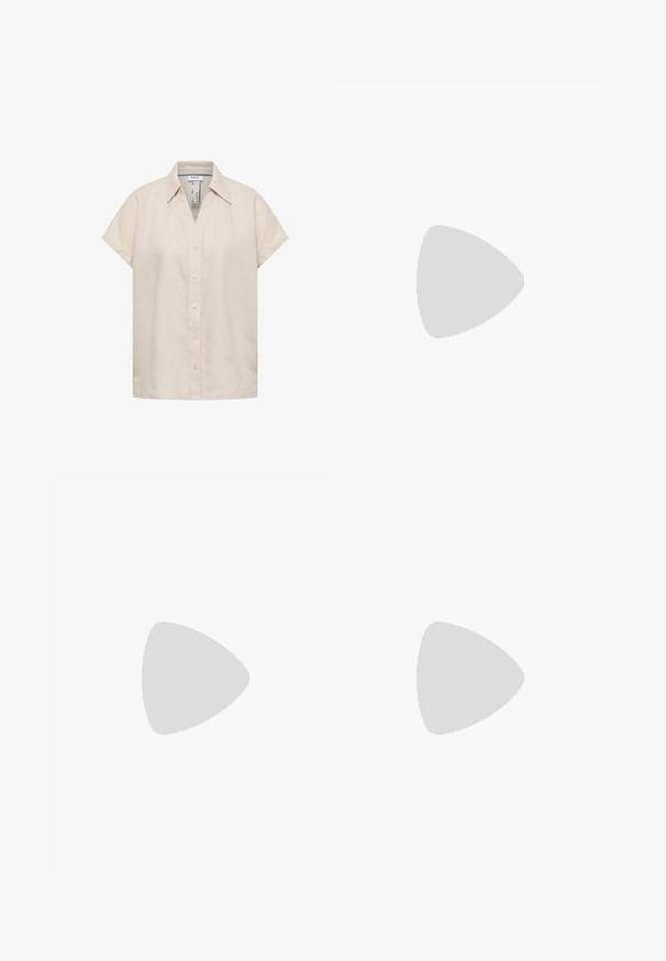Camisa de lino beige de manga corta con botones y cuello, etiquetada como "Cecil", mostrada sobre un fondo blanco.; Bermudas de algodón de color beige claro con cierre de botón, puños doblados y bolsillos laterales. Textura suave y diseño ajustado para mayor comodidad.; Sandalia slingback de ante beige con punta redonda, diseño minimalista, suela plana de goma negra y detalle de costura expuesta.; Bolso tote tejido de paja con asas trenzadas y patrones horizontales decorativos en tonos beige natural.