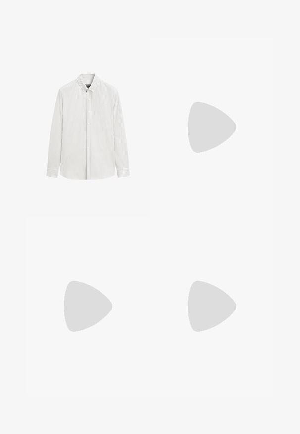 Hvid langærmet skjorte med tynde lodrette grå striber og klassisk krave, vist på en ensfarvet hvid baggrund.; Straight-leg blå denim jeans med klassisk fem-lomme design og knaplukning på hvid baggrund.; Sort lædersandal med tre krydsede stropper, flad sål og glat tekstur, hængende over et vævet naturskinds tæppe.; Sorte ovale solbriller med mørkegrønne linser og små sølvstjerneformede detaljer på kantene af stellet.