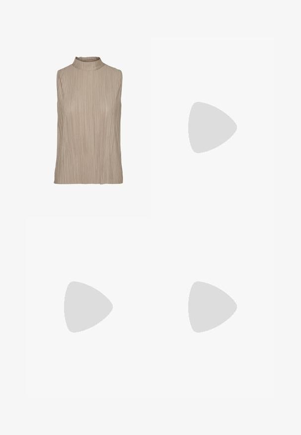 Top sans manches beige avec un col haut et une texture côtelée. Présente une coupe droite et des plis subtils pour plus de détails.; Pantalon large vert olive foncé avec taille élastique et cordon de serrage, présenté à plat sur un fond clair.; Steve Madden BELINDA - Ballerines à brides arrière - brown/black; Sac vert rembourré avec une texture douce, de forme rectangulaire, à une bandoulière, et fermeture à glissière dorée. Présente un motif matelassé.