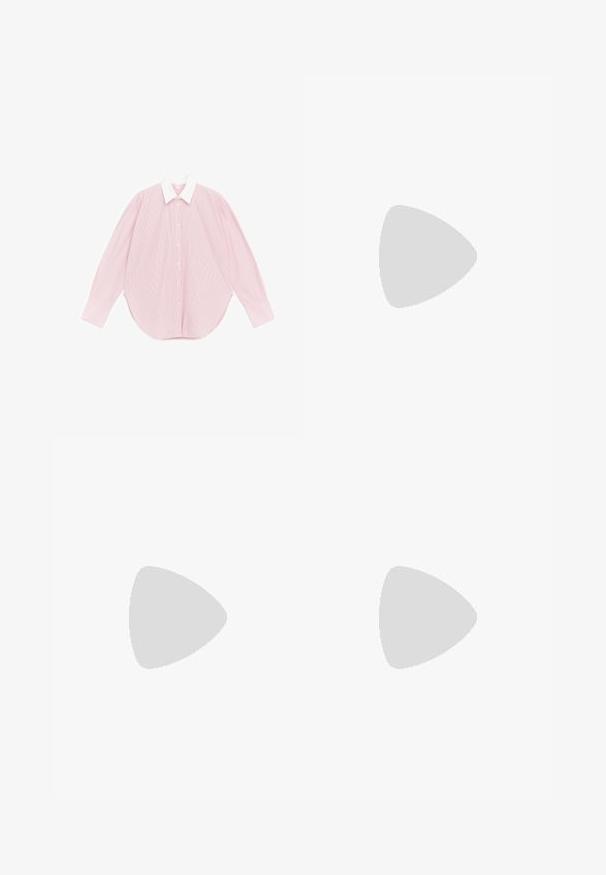 Lichtroze, lang mouwen overhemd met knopen en brede manchetten, met een contrasterende witte, puntige kraag, plat gelegd op een witte achtergrond.; Donkerblauwe jeans met wijde pijpen, vooraan knopen, rits en voor- en achterzakken, plat liggend op een witte achtergrond getoond.; Glanzende bordeaux enkelboot met een vierkante neus, chunky doorzichtige hak en gestructureerde zwarte zool. Vloeiend oppervlak met een hoge glansafwerking.; Bourgondische handtas van glanzend materiaal, rechthoekige vorm, met twee schouderbanden en subtiele gebogen accenten aan de voorkant.