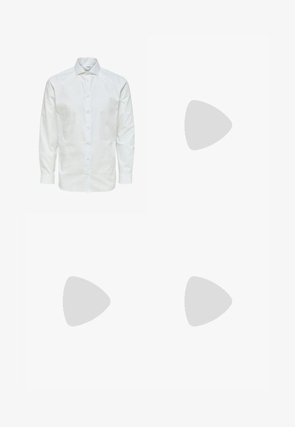 Wit overhemd met lange mouwen, knoopsluiting aan de voorkant en puntige kraag, afgebeeld tegen een witte achtergrond.; Zwarte broeken van soepele stof, met een rechte pijpconstructie, vo pockets, een enkele knoopsluiting en geen zichtbare patronen.; Zwarte leren loafer schoen getoond in de lucht boven een beige geweven tapijt, met een houten tafel en gestapelde boeken in een zacht verlichte woonkamer.; Zwarte leren riem met een gladde textuur, zilveren rechthoekige gesp en een lus voor het einde. Heeft nette stiksels langs de randen.
