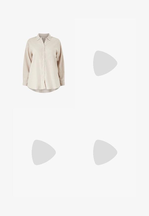 Chemise beige à manches longues avec boutons, col, ourlet arrondi et coupe décontractée, fabriquée en tissu texturé.; Shorts en denim bleu clair avec une coupe droite, cinq poches et des coutures visibles. Dispose d'une fermeture à bouton et à glissière.; Sandale plate marron avec trois larges brides en cuir traversant le pied et une semelle légèrement surélevée au niveau du talon.; Becksöndergaard WAFTED FAUNA BAG - Cabas - light nature