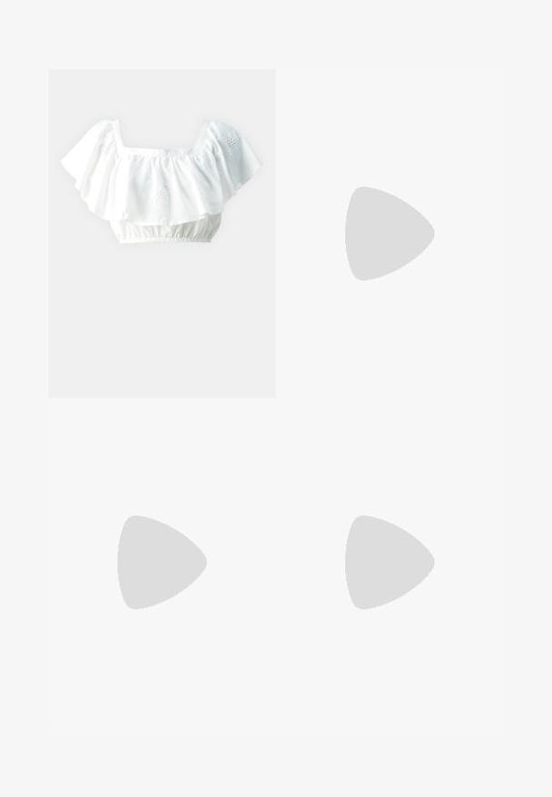 Blouse blanche courte avec des manches volantes, décolleté carré et ourlet élastique. Présente des détails floraux brodés subtils.; Pantalon large bleu clair avec des rayures verticales blanches, doté d'un lien en tissu à la taille et d'un ourlet froncé. Texture légère et lisse.; Baskets en toile blanches avec semelles en caoutchouc, dotées de six œillets, d'un bout rond et de détails de couture légers, portées avec des chaussettes blanches mi-mollet.; Lunettes de soleil teintées de brun avec un motif écaille de tortue, monture angulaire et branches fines. Matériau en plastique léger.