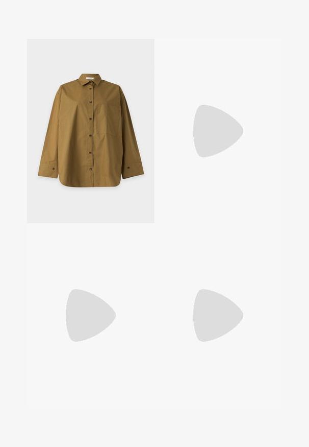 Chemise marron à manches longues boutonnée avec col et poche poitrine, présentée à plat sur un fond gris clair.; Pantalon en coton vert olive à coupe décontractée, avec plis à l'avant, taille à cordon de serrage et liens ajustables aux ourlets pour personnalisation.; Ballerine en cuir tressé marron avec un bout rond, un petit nœud décoratif et une sangle élastique autour de la cheville pour un maintien sécurisé.; Petit sac pochette beige avec tissu texturé à pois, cadre argenté, fermoir rond blanc et bracelet de poignet amovible sur fond uni.