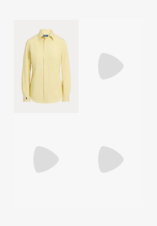 Gul skjorte med knapper og fine lodrette blå striber, lange ærmer, spidst krave og lille broderet mørkeblåt logo på manchet.; Bredde ben mørkeblå denimjeans med høj talje, fem-lomme design, kobber nitter og kontrasterende gul syninger.; Sorte læderballetflade med spids tå, slank silhuet og en lille sløjfedetalje på forsiden. Glat tekstur og minimalistisk design.; Gul læderhåndtaske med en buet form, skulderrem og en lille metaldetalje. Glat tekstur og minimalistisk design.