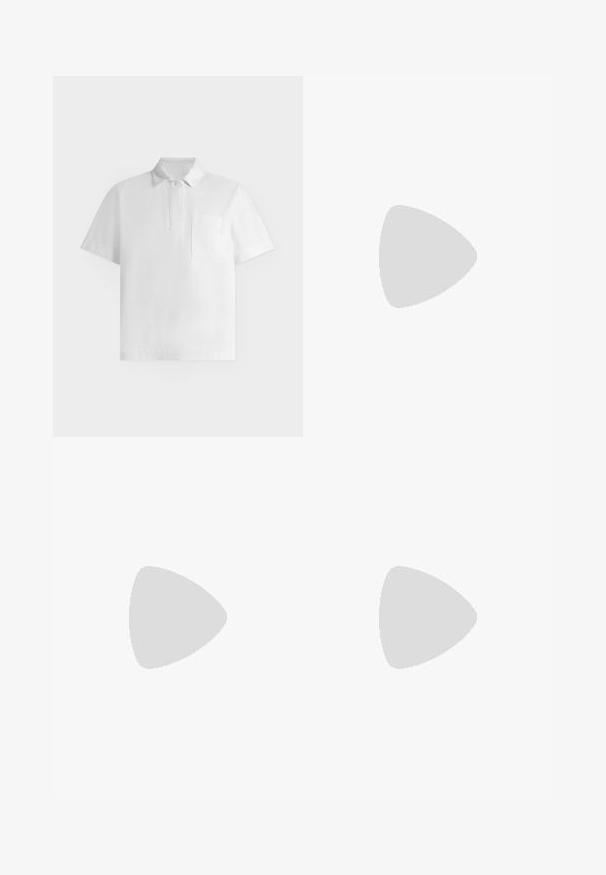 Polo blanc à manches courtes avec col, patte de boutonnage avec un bouton et une poche sur le côté gauche de la poitrine sur fond blanc.; Pantalon de sport bleu vif à jambes larges avec taille élastique et petit logo blanc Nike swoosh sur la cuisse droite.; Tongs en caoutchouc rouge avec semelle texturée et fines brides brillantes sur fond blanc.; Sac à main en nylon rouge avec une silhouette courbée, une seule anse, des accessoires en métal argenté et un logo embossé à l'avant. Texture lisse.