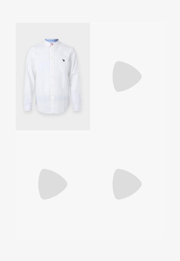 Witte overhemden van katoen, met een kraag, lange mouwen en een geborduurd, kleurrijk zebra-logo op de borst.; Zwarte broek met een elastische tailleband en koord. Heeft een gladde textuur en een recht model. Minimalistische stijl zonder patronen.; Zwarte leren herenloafer met een lage hak en mocassinstiksels op de teen, zijaanzicht op een effen achtergrond.; Zwart gestructureerde rechthoekige leren aktetas met dubbele handvatten, voorvak met rits en verstelbare schouderriem, weergegeven op witte achtergrond.