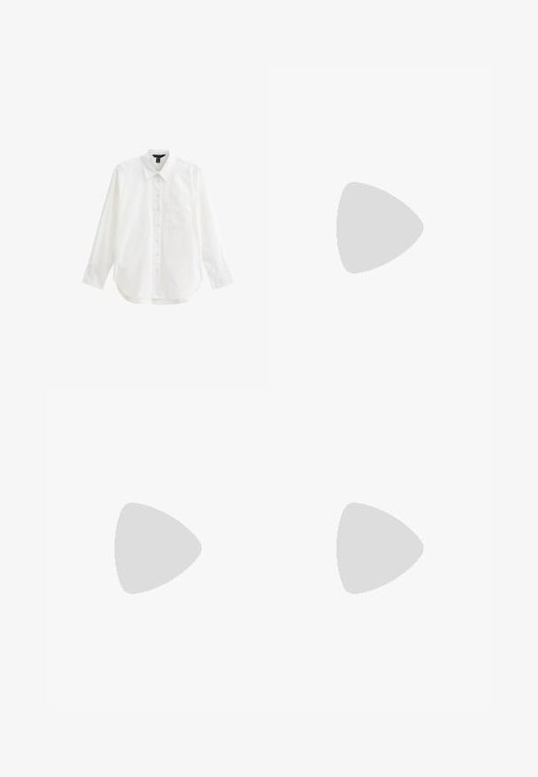 Camisa blanca de manga larga hecha de algodón, con frente abotonado, cuello, un bolsillo en el pecho y dobladillo redondeado. Textura suave.; Pantalones de pierna ancha negros con una cintura alta, hechos de una tela suave, que presentan pliegues planchados para aportar estructura y un ajuste a medida.; Mocasín plano de cuero negro con punta puntiaguda, banda ancha en la parte frontal y suela marrón clara, mostrado de perfil sobre fondo blanco.; Bolso bandolera de cuero negro con correa ajustable, cierre de cremallera y logo "LIEBESKIND BERLIN" en el centro frontal.