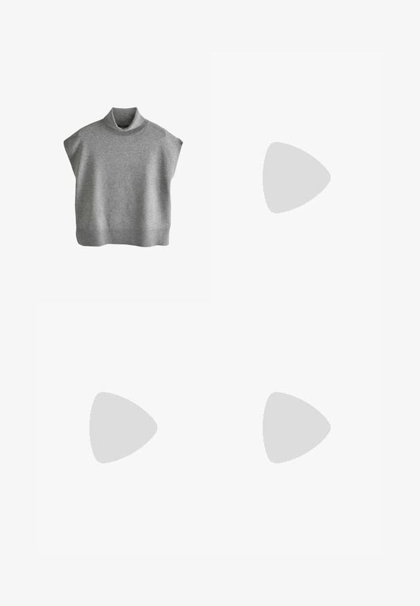 Grå ærmeløs strikket sweatervest med høj ribstrikket krave og bred ribstrikket kant, lavet af blødt, mediumvægt stof.; Hvide vide bukser lavet af denim, med knaplukning, fem lommer og en ren finish uden synlige dekorationer.; Rød ruskindssneaker med pink striber, gummisål i farven gum og gyldne logodetaljer. Har rundet tå og snørelukning.; Guldtonet armbånd med forskellige charms: en halvmåne, uendelighedssymbol, blomst, øje og tårer, hver med distinkte sten og teksturer.