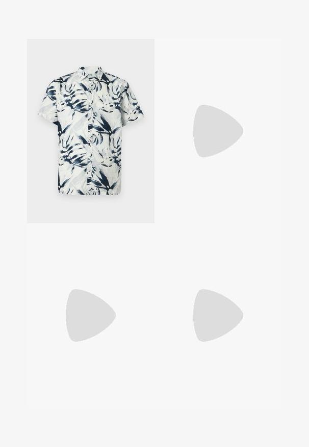 Chemise à manches courtes avec un motif de feuilles bleu et blanc, boutons sur le devant et col. Confectionnée en tissu léger et respirant.; Shorts en lin beige avec taille élastique, cordon de serrage et poches latérales. Coupe décontractée avec jambe droite et ourlet retourné.; Sandale à glissière à lanières croisées de couleur marron, dotée d'une finition mate, d'une semelle noire plate et d'une texture lisse. Design minimaliste sans matériel visible.; Lunettes de soleil Ray-Ban avec des verres verts, monture en plastique noir et accents dorés sur les bords. Forme carrée avec une finition mate.