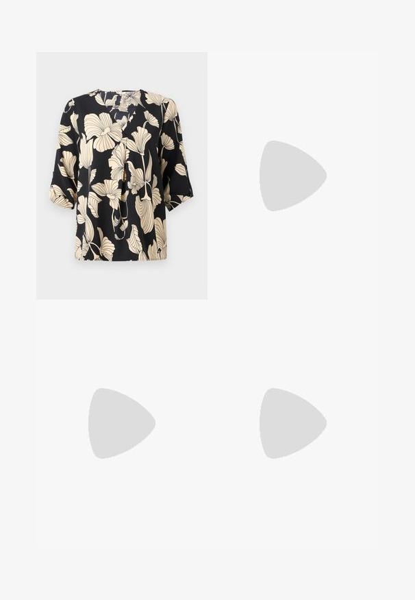 Blusa negra con un patrón floral en beige, confeccionada en tejido ligero. Tiene un corte relajado y mangas cortas con un sutil detalle de pliegue.; Pantalones negros de pierna ancha, entallados, con cintura alta, cierre frontal de botones y trabillas, mostrados sobre un fondo blanco.; Zapato de tacón slingback negro de punta afilada, hecho de cuero suave. Presenta un tacón delgado y un detalle de hebilla en la correa ajustable.; Pequeño bolso beige con asa superior, correa desmontable, solapa frontal y lazo decorativo horizontal sobre un fondo liso.