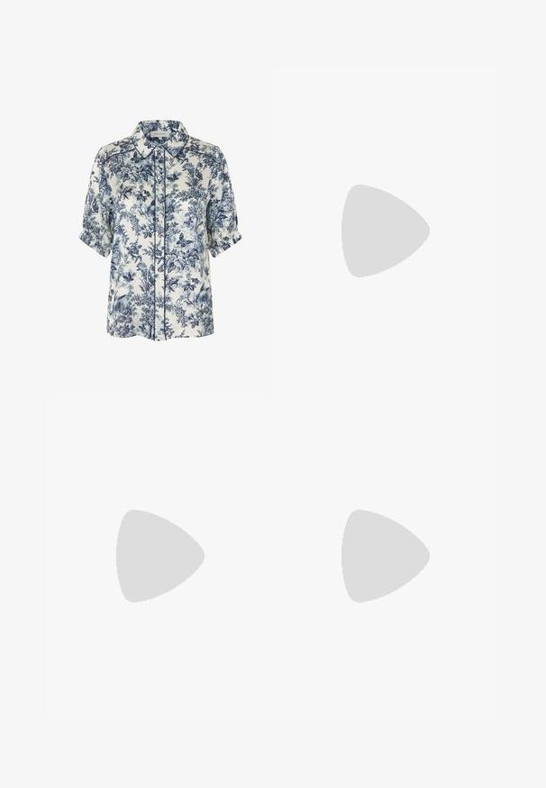 Chemisier blanc à manches courtes avec imprimé botanique et papillons bleu marine, col pointu, boutons sur le devant et poignets froncés.; Pantalons larges en lin beige avec une fermeture à bouton, des poches latérales et une texture lisse, offrant une coupe décontractée et des lignes épurées.; Sandale en cuir marron avec trois sangles et une boucle à la cheville, dotée d'une semelle en jute tressé pour plus de texture et de hauteur.; Sac à main tissé beige avec poignées en cuir marron, petit logo doré à l'avant, et bandoulière blanche en tissu amovible avec détail en cuir.