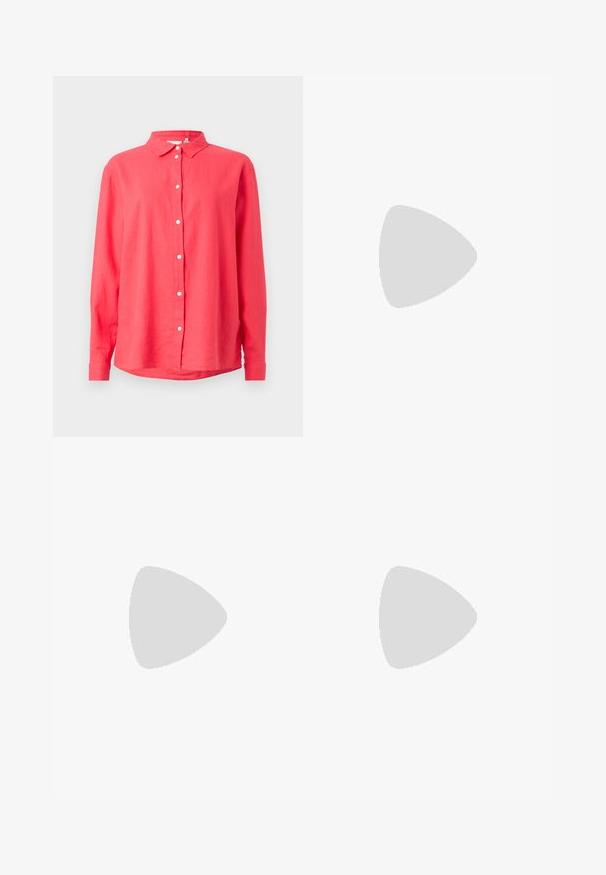 Chemise corail rose à manches longues avec col, sept boutons blancs et un ourlet légèrement arrondi sur un fond clair.; Jupe en denim blanc avec fermeture éclair sur le devant, design à cinq poches et silhouette droite avec des accents de couture.; Chaussure slingback en cuir noir avec bout pointu, trois boucles argentées à l'avant et petit talon kitten sur fond blanc.; Sac à main en cuir noir avec deux anses allongées, fermeture éclair et forme arrondie ; texture lisse avec une finition légèrement brillante.