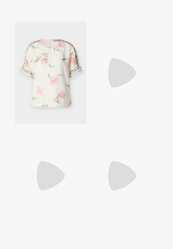 Blouse courte à manches courtes crème avec imprimé floral rose et feuilles vertes, ornée de motifs décoratifs en bordure verte et bleue sur les manches.; Pantalons à jambes larges vert olive en tissu lisse, dotés d'une taille haute, de plis sur le devant et de poches latérales pour plus de fonctionnalité.; Chaussure plate beige à bout pointu avec une semelle noire flottant au-dessus d'un tapis beige texturé, avec un canapé beige rembourré en arrière-plan.; Anna Field LEATHER - Cabas - taupe