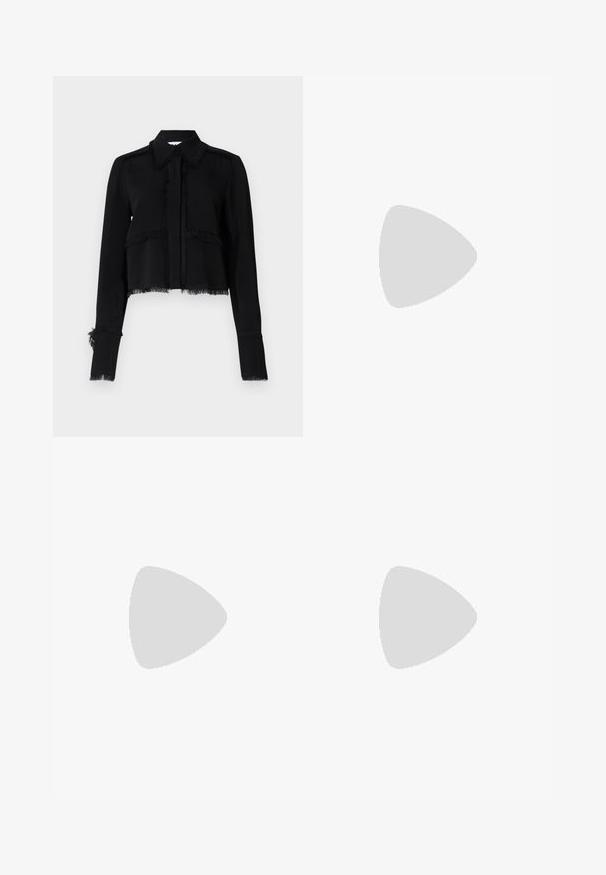 Black cropped jacket featuring frayed edges, long sleeves, a pointed collar, and a button closure in a smooth, lightweight fabric.; Wide-leg trousers made of black fabric featuring a white geometric pattern. Elastic waistband, flowing design, and side slits.; Black Calvin Klein heeled sandal with toe loop on wooden tile floor outdoors near a tree and stone wall.; Black square sunglasses with gradient gray lenses. Glossy frames with clean lines. Silver logo accent on the temples.