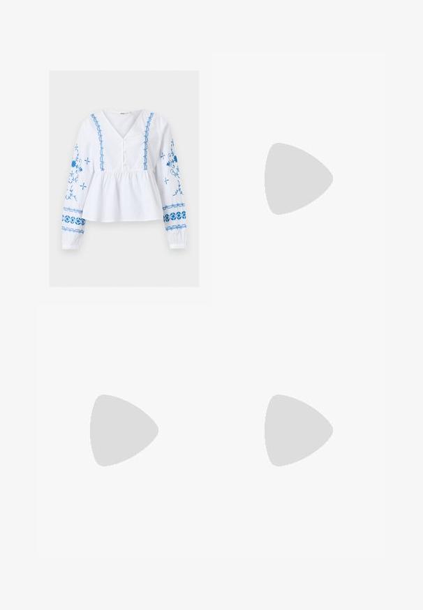 Blouse blanche à manches longues, col en V, broderie florale bleue sur les manches et le devant, patte de boutonnage, et taille froncée.; Shorts en denim bleu clair, présentant un ourlet effiloché, un design cinq poches et une fermeture à bouton en métal à la taille.; Des chaussures slingbacks en cuir verni noir présentent un bout pointu, deux sangles avec des accents de boucle, et une semelle plate.; Petit sac à main noir brillant avec deux longues anses et des détails à cordon sur les côtés sur un fond clair uni.