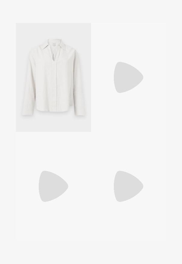 Chemise blanche à manches longues avec une fente en V et un col, affichée à plat sur un fond blanc uni.; Pantalon taille haute à jambes larges avec un motif à carreaux beige et marron, plis sur le devant, passants pour ceinture, et fermeture avant dissimulée.; Ballerines en cuir noir avec un bout arrondi et des coutures minimales. Talon bas et rectangulaire avec une texture lisse. Détails subtils de doublure intérieure.; Sac à bandoulière en cuir couleur crème de Calvin Klein avec bord supérieur incurvé, fermeture éclair argentée et sangle ajustable brun foncé.
