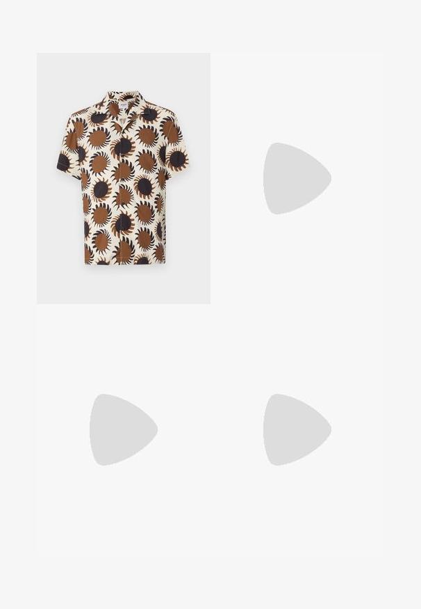 Chemise à manches courtes en tissu léger, présentant une base crème avec des motifs en forme de rayons de soleil marron et noir. Fermeture à boutons et col classique.; Pantalons en lin beige avec une coupe décontractée, taille élastique et fermeture à cordon. Design à jambe droite avec une texture lisse.; Mocassin en cuir noir avec semelle en caoutchouc épaisse, dessus cousu et nom de marque embossé sur le talon, présenté de profil sur fond blanc.; BOSS Lunettes de soleil - black