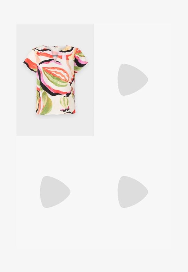 Blouse à manches courtes en tissu léger, avec un col en V et un motif de feuilles coloré dans des teintes de rose, rouge, vert et noir.; Jupe trapèze couleur crème avec taille élastique froncée et motif floral brodé en jours tout au long du tissu.; Sandale plate beige à enfiler avec une fleur décorative nouée sur la large bande et une semelle noire.; Sac bandoulière en cuir bordeaux foncé avec fermeture à rabat et sangle réglable avec détail boucle dorée.