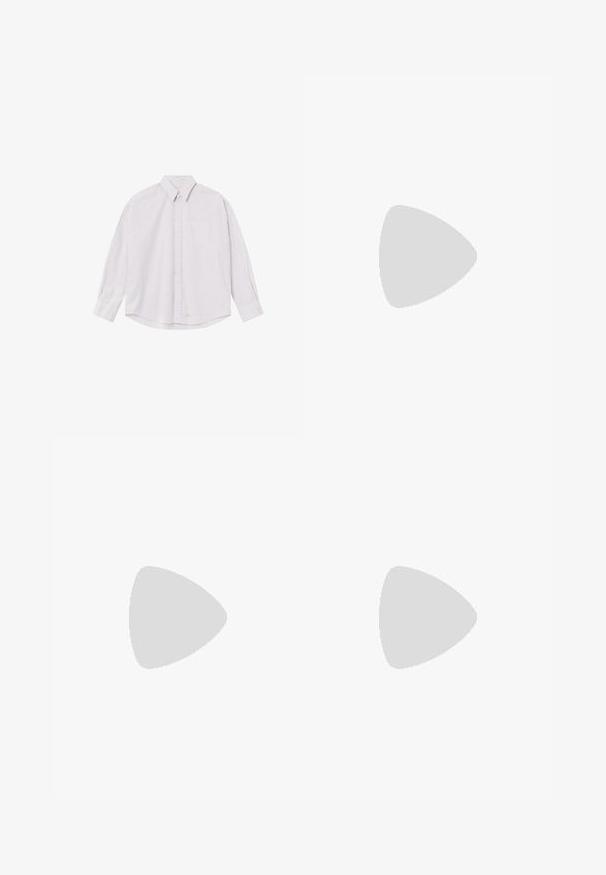 Chemise blanche à manches longues avec de fines rayures verticales grises et une poche poitrine sur fond uni.; Jean droit gris clair avec poches avant, passants pour ceinture et fermeture par bouton, présenté à plat sur fond blanc.; Chaussures en cuir bourgogne avec semelles en caoutchouc marron, bout rond, couture blanche et œillets dorés. L'intérieur présente une doublure jaune.; Lunettes de soleil Ray-Ban avec des verres verts, monture en plastique noir et accents dorés sur les bords. Forme carrée avec une finition mate.