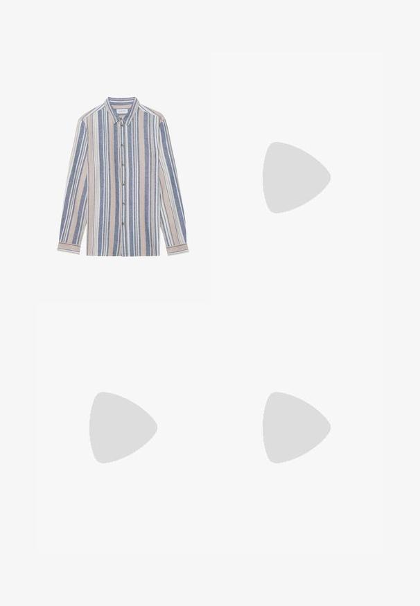 Chemise à manches longues avec un col, ornée de rayures verticales bleues, beiges et blanches. Fabriquée dans un tissu texturé, avec un col et des boutons en métal.; Jean en denim bleu moyen avec un délavage léger, design à cinq poches, coupe droite et accents cousus. Fermeture par bouton et zip.; Sneaker en dentelle blanche flottant au-dessus d'un banc en bois avec un feuillage vert en arrière-plan, mettant en valeur le design et la texture de la chaussure.; Ceinture en cuir noir avec une texture lisse, boucle rectangulaire en argent et une boucle pour l'extrémité. Présente des coutures soignées le long des bords.